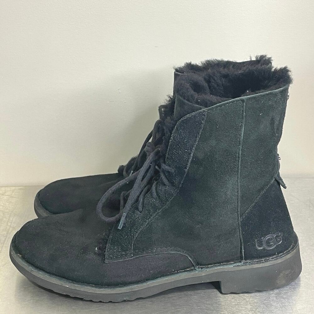 UGG Quincy Women Suede Sheepskin Lined Combat Boots In Black Sz 8
